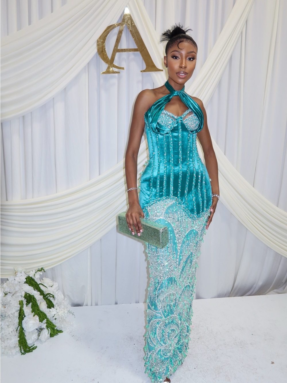 Teal Halter Sequin Evening Gown